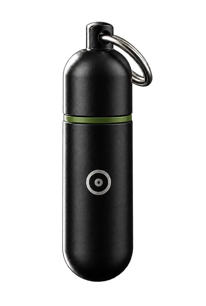 The XP3 pill pod: a matte black capsule on a key ring, a green band at the seam and the XP3 symbol etched on its side.